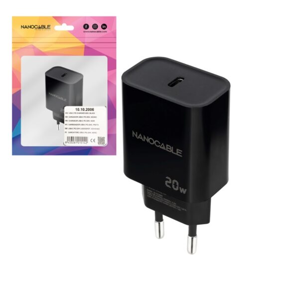 CARGADOR PARED USB-C 20W PD NANOCABLE NEGRO