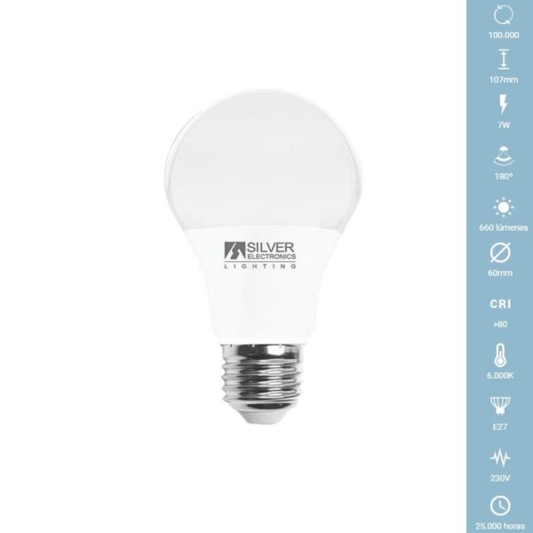 BOMBILLA LED ESTANDAR E27 7W 6000K (BLANCO FRIO) 670LM 180º