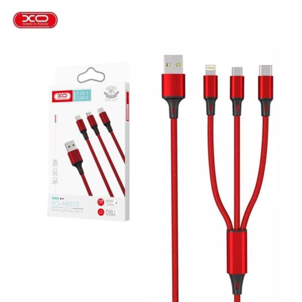 CABLE USB 3EN1 (USB-C/MICRO B/LIGHTNING) 2.4A XO NB173 ROJO 1.2M