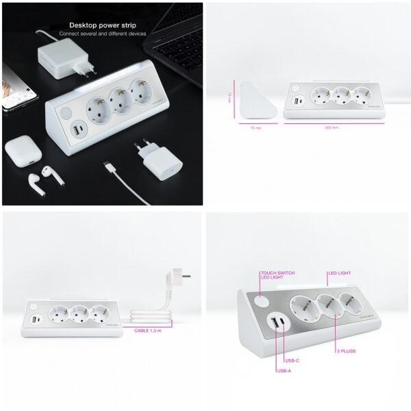 REGLETA ELÉCTRICA 3 SALIDAS SCHUKO + 2x USB (A + C) BLANCO - Imagen 3
