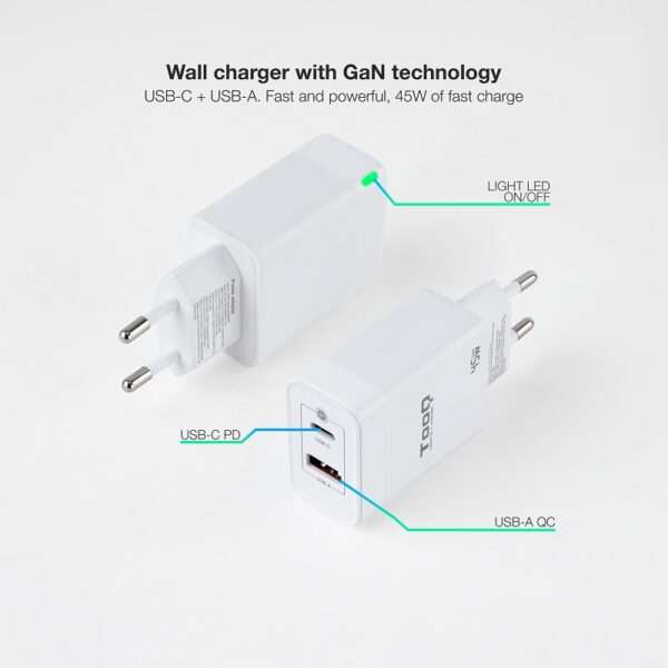 CARGADOR PARED USB-C PD + USB-A QC 45W BLANCO - Imagen 4