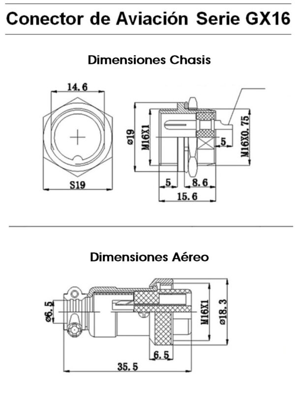 CONECTOR GX16 2P MACHO CHASIS - Imagen 3
