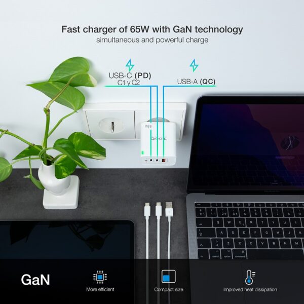 CARGADOR PARED USB-C x2 PD + USB-A QC GaN 65W BLANCO - Imagen 5