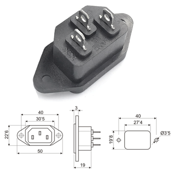 BASE IEC C14 MACHO 10A/250V PANEL TORNILLO FASTON 4.8MM - Imagen 3