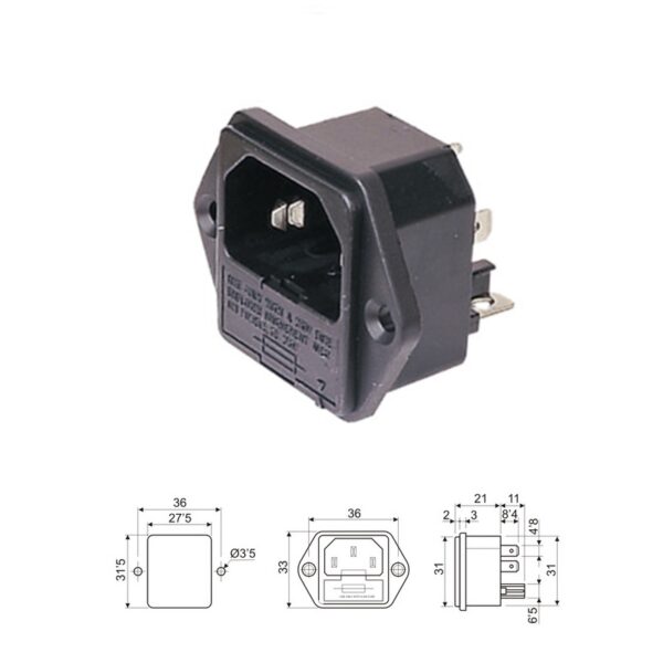 BASE IEC C14 MACHO 10A/250V PANEL TORNILLO + PORTAFUSIBLE FASTON 4.8MM - Imagen 3