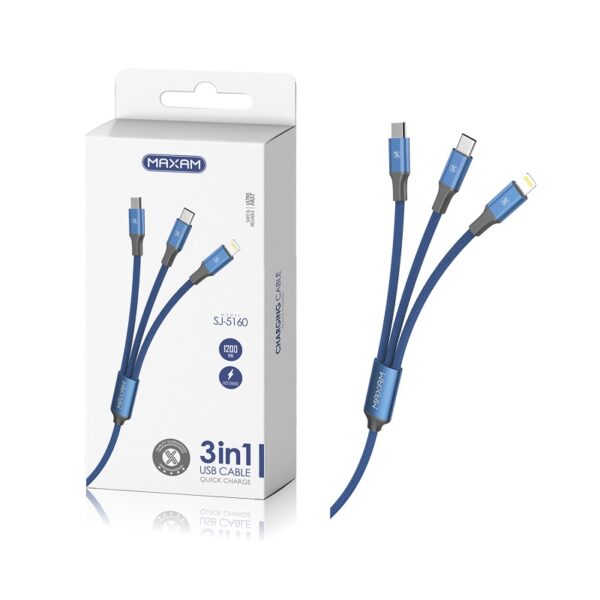 CABLE USB 3EN1 USB-C, IPHONE, MicroUSB 2A AZUL 1.2m