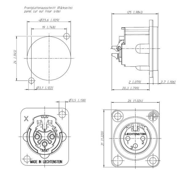 CONECTOR XLR 3P MACHO CHASIS NEUTRIK - Imagen 3