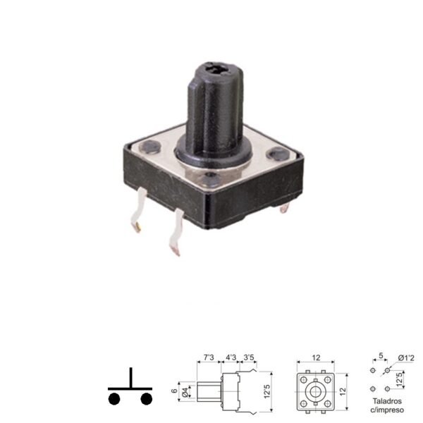 PULSADOR TÁCTIL OFF-ON (NO)12x12mm BOTÓN 7.3mm NEGRO PCB