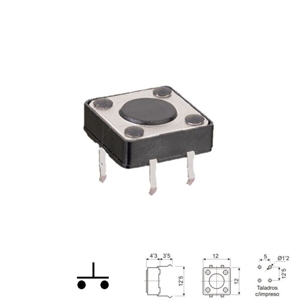 PULSADOR TÁCTIL OFF-ON (NO) 12x12mm BOTÓN 1mm NEGRO PCB