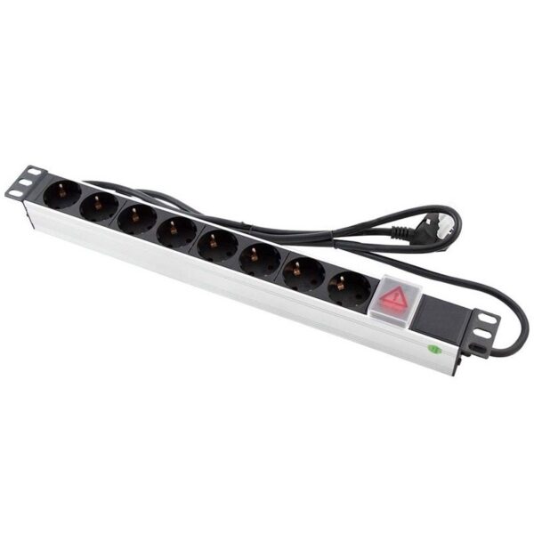 BASE ELÉCTRICA RACK 19" 1U 8 SALIDAS SCHUKO, INTERRUPTOR, ALUMINIO