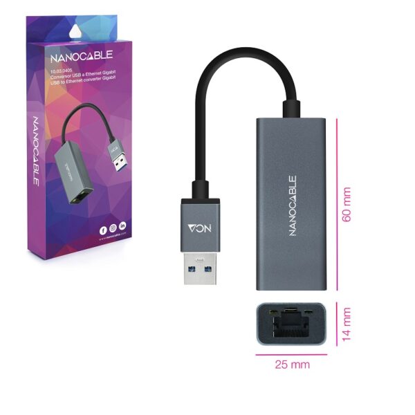 ADAPTADOR USB 3.0 A GIGABIT ETHERNET NANOCABLE C/ CABLE - Imagen 3