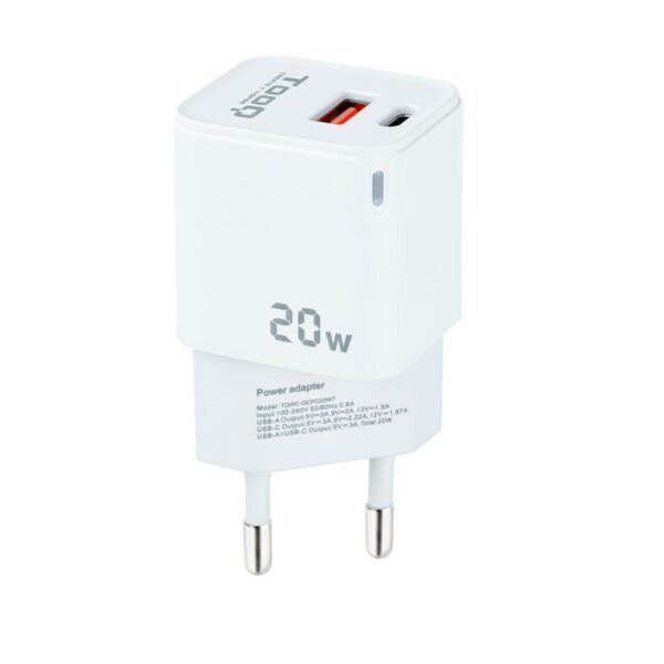 CARGADOR PARED USB-C PD + USB-A QC 20W BLANCO