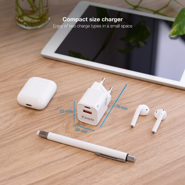 CARGADOR PARED USB-C PD + USB-A QC 20W BLANCO - Imagen 3