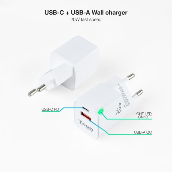 CARGADOR PARED USB-C PD + USB-A QC 20W BLANCO - Imagen 4