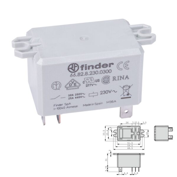RELÉ DE POTENCIA FINDER 66.82 AC 230V 30A 2CO (DPST) FASTON