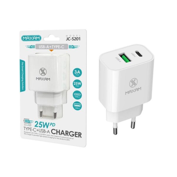 CARGADOR PARED USB DOBLE (A+C) MAXAM PD 25W BLANCO