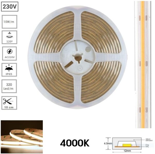 TIRA LED COB AC 220V 4000K 1050Lm 15W/m 12mm IP65 METRO