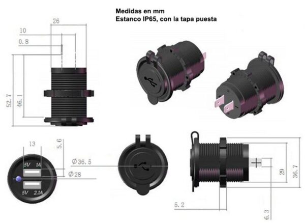 BASE USB 2.0 DOBLE PARA CHASIS CON TAPA ESTANCA - Imagen 3