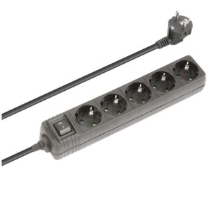 REGLETA ELÉCTRICA 5 SALIDAS SCHUKO + INTERRUPTOR, NEGRO, 1.5m