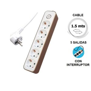 REGLETA ELÉCTRICA 5 SALIDAS SCHUKO + INTERRUPTOR, BLANCO/DORADO, 1.5m