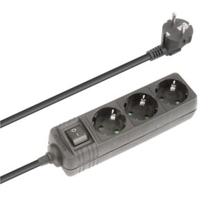 REGLETA ELÉCTRICA 3 SALIDAS SCHUKO + INTERRUPTOR, NEGRO, 1.5m