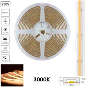 TIRA LED COB AC 220V 3000K 1050Lm 15W/m 12mm IP65 METRO