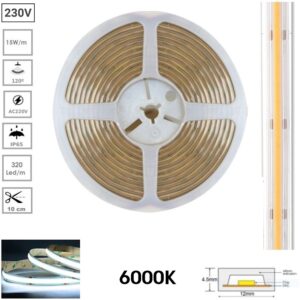 TIRA LED COB AC 220V 6000K 1050Lm 15W/m 12mm IP65 METRO