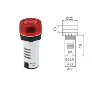 PILOTO CON ZUMBADOR INTERMITENTE 24V AC/DC Ø22MM IP55 ROJO