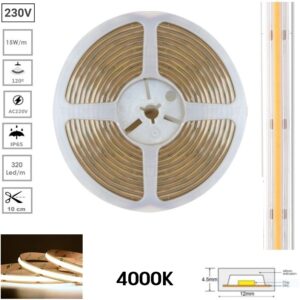 TIRA LED COB AC 220V 4000K 1050Lm 15W/m 12mm IP65 METRO