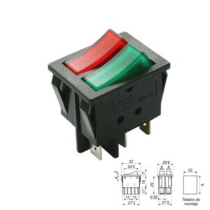INTERRUPTOR BALANCÍN LUMINOSO ROJO/VERDE ON-OFF (1Co) DOBLE TECLA NEGRO