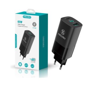 CARGADOR PARED USB-A QC + DOBLE USB-C PD 65W NEGRO