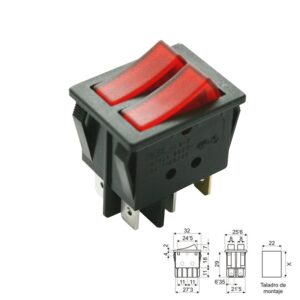 INTERRUPTOR BALANCÍN LUMINOSO ROJO ON-OFF (1Co) DOBLE TECLA NEGRO