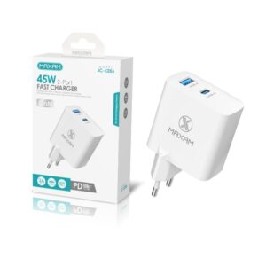 CARGADOR PARED USB GaN QC 3A USB-C / USB-A PD 45W BLANCO