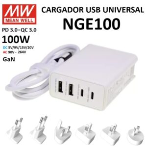 CARGADOR USB 4P (2x USB-A+ 2x USB-C) PD3.0 & QC3.0 100W GaN MEAN WELL BLANCO