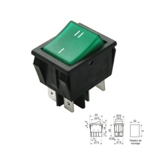 INTERRUPTOR BALANCÍN LUMINOSO VERDE ON-OFF (2Co) CONMUTADO NEGRO