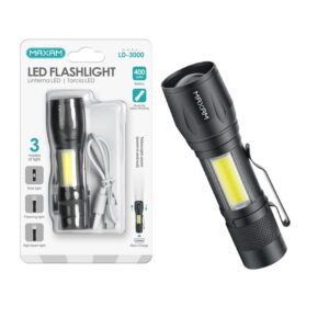 LINTERNA LED XPE + COB LATERAL, 3 MODOS + ZOOM, RECARGABLE, NEGRO