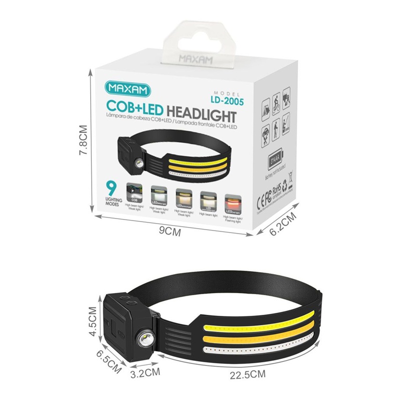 LINTERNA LED COB FRONTAL 9 MODOS A PILAS NEGRO - Imagen 3