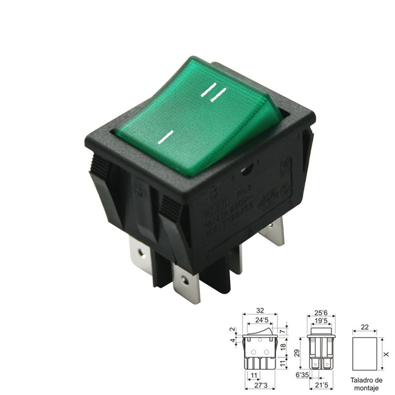 INTERRUPTOR BALANCÍN LUMINOSO VERDE ON-OFF (2Co) CONMUTADO NEGRO