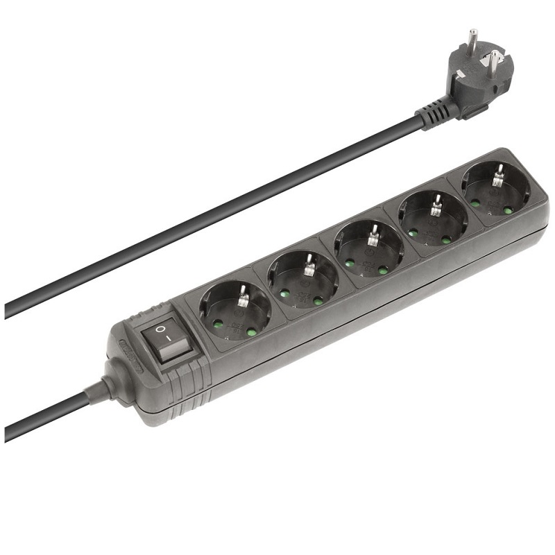 REGLETA ELÉCTRICA 5 SALIDAS SCHUKO + INTERRUPTOR, NEGRO, 1.5m