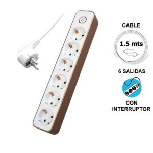 REGLETA ELÉCTRICA 6 SALIDAS SCHUKO + INTERRUPTOR, BLANCO/DORADO, 1.5m