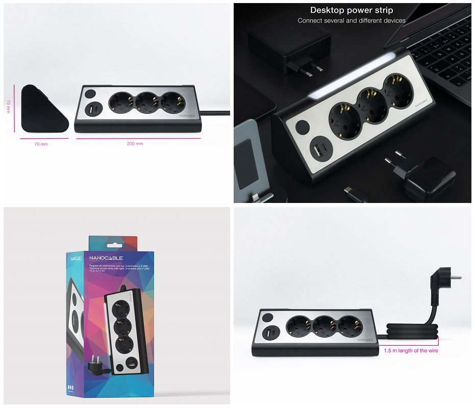 REGLETA ELÉCTRICA 3 SALIDAS SCHUKO + 2x USB (A + C) NEGRO - Imagen 3