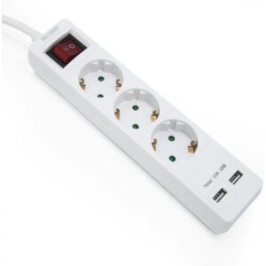 REGLETA ELÉCTRICA 3 SALIDAS SCHUKO + INTERRUPTOR, 2x USB, BLANCO, 1.5m