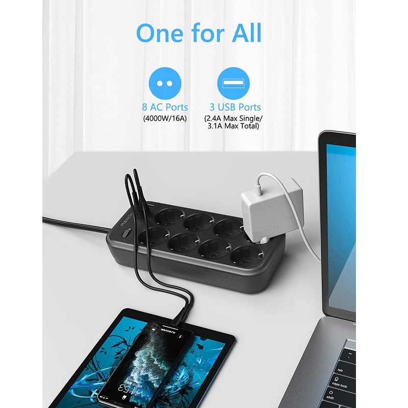 REGLETA ELÉCTRICA 8 SALIDAS SCHUKO + INTERRUPTOR, 3x USB - Imagen 3