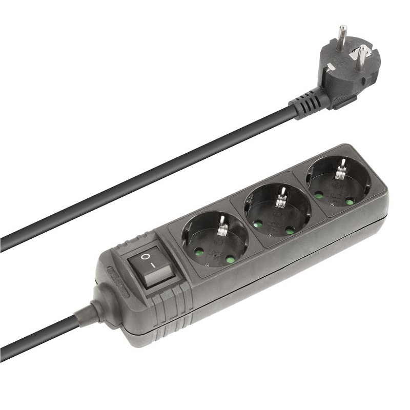 REGLETA ELÉCTRICA 3 SALIDAS SCHUKO + INTERRUPTOR, NEGRO, 1.5m