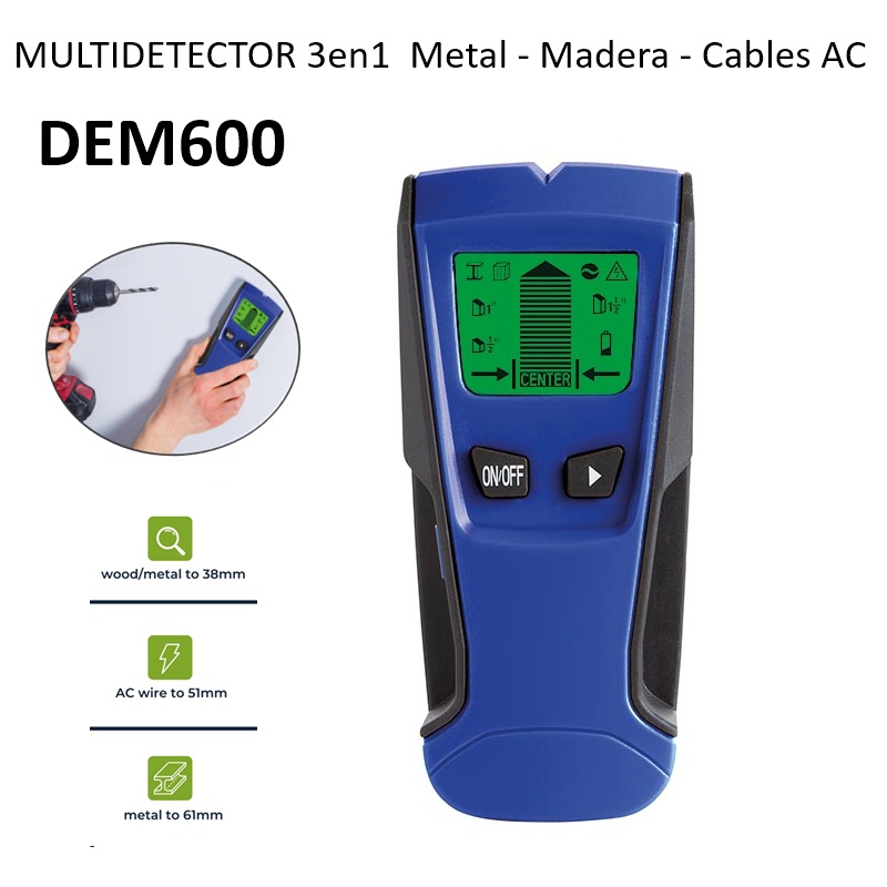 MULTIDETECTOR 3 EN 1 (METALES, MADERA, CABLES AC) DEM600 AZUL