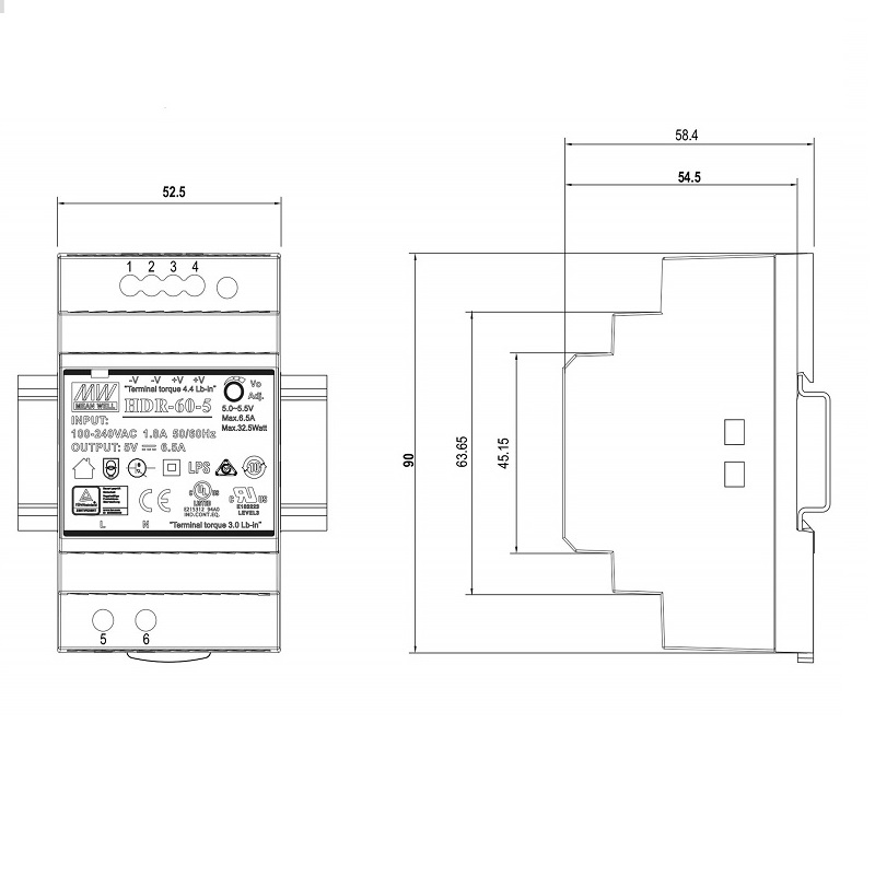 FUENTE ALIMENTACIÓN CARRIL DIN 48VDC 1.25A 60W MEAN WELL - Imagen 3
