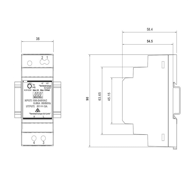 FUENTE ALIMENTACIÓN CARRIL DIN 5VDC 3A 15W MEAN WELL - Imagen 3