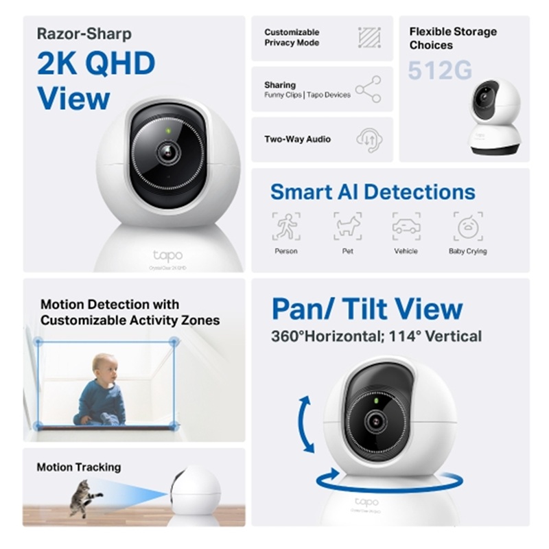 CÁMARA SEGURIDAD IP WiFi AI HOME 2K QHD 360º PAN/TILT TAPO TC72 - Imagen 3