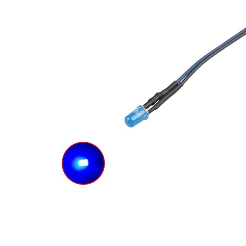 DIODO LED Ø3mm DC 12V AZUL ALTO BRILLO CABLE 0.20m