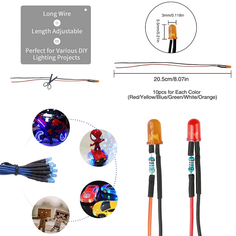 DIODO LED Ø3mm DC 12V AZUL ALTO BRILLO CABLE 0.20m - Imagen 3